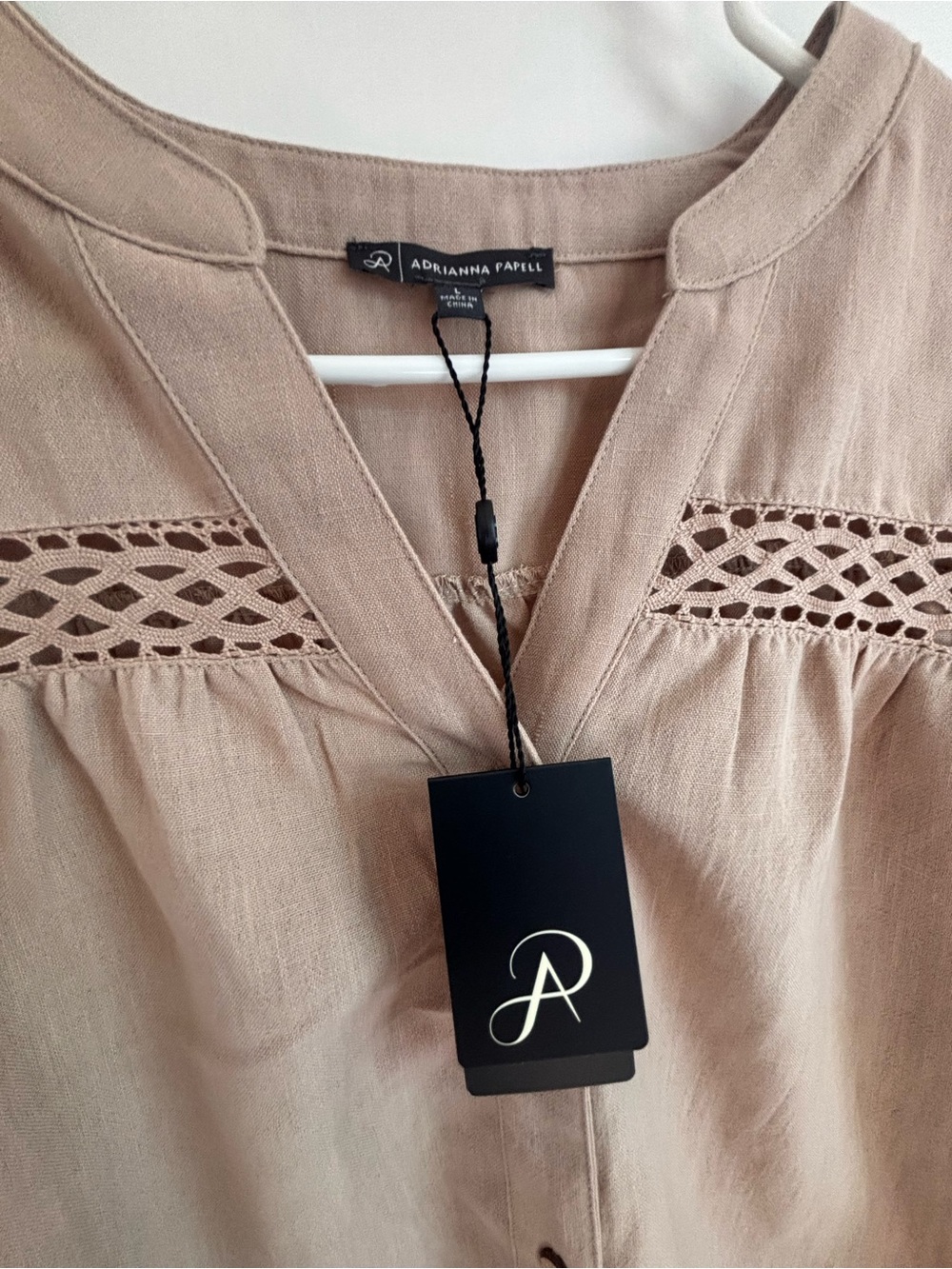 Adrianna Papell Taupe Crochet-Trim Button Front Blouse - Picture 6 of 6